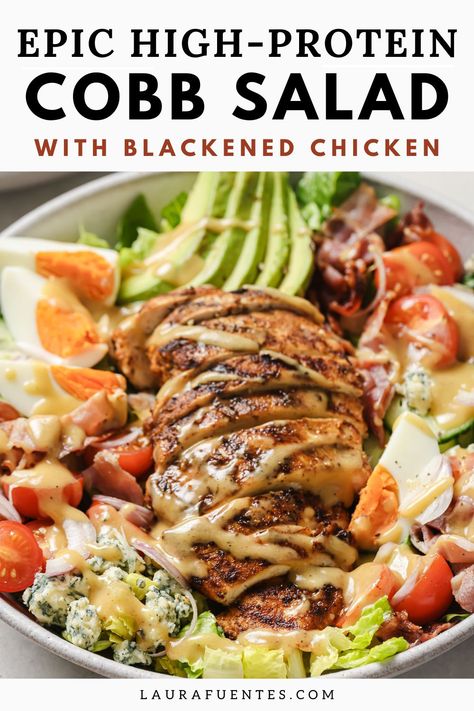 This epic high-protein Cobb Salad with mouthwatering blackened chicken will up the game of your regular salad rotation! High Protein Summer Salads, Easy Gluten Free Lunch Ideas, Chicken Cobb Salad Recipe, Gluten Free Lunches, Cobb Salad Dressing, Cobb Salad Ingredients, Protein Salad Recipes, Salad A Day, Chicken Cobb Salad