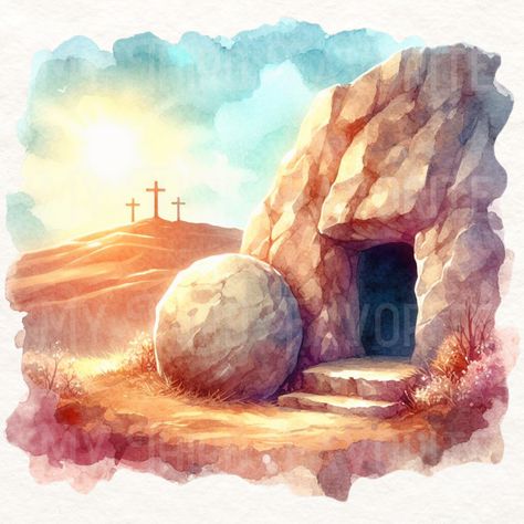 Empty Tomb Watercolor, Good Friday Painting, Jesus Empty Tomb, Empty Tomb Painting, Christian Easter Art, Easter Artwork, Jesus Watercolor, Easter Image, The Empty Tomb