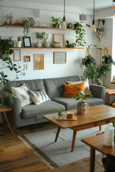 Apartment Inspo Grey Couch, Mid Century Living Room Grey Couch, Eclectic Living Room Gray Couch, Grey Sofa Mid Century Modern, Grey Couch Mid Century Living Room, Boho Chic Living Room Grey Couch, Living Room Retro Vintage, Mid Century Modern Grey Couch, Mid Century Modern Living Room Grey Sofa