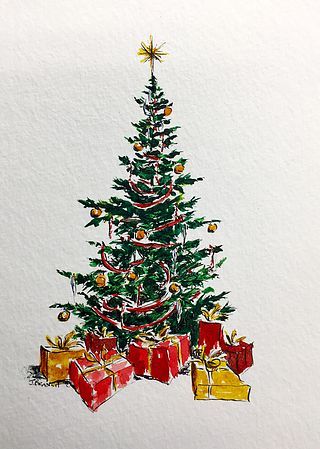 Christmas Tree Card 12 Days Of Christmas Cards, Singing Christmas Tree, Branch Drawing, Painted Christmas Cards, Christmas Tree Drawing, Christmas Tree Card, Watercolor Christmas Tree, Christmas Tree Art, Beautiful Christmas Cards