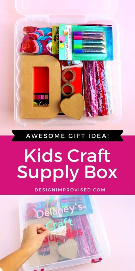 Make a personalized craft supply gift box for Christmas 2020! A great kids gift idea. Kids Craft Box Ideas, Kids Craft Box Gift, Art Box For Kids, Art Box Ideas, Craft Box For Kids, Diy Craft Kits For Kids, Craft Gifts For Kids, Craft Gift Basket, Personalized Kids Gifts