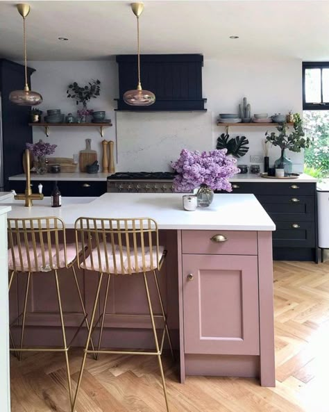 black kitchen with pink island Pink Kitchen Cabinets, Purple Cabinets, Pink Kitchen, Kitchen Inspiration Design, Kitchen Diner, Kitchen Inspo, Where The Heart Is, Interior Design Inspiration, Home Decor Kitchen