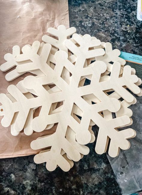 Make Diy Wooden Snowflake, Wooden Snowflake Crafts, Dollar Tree Snowflake Crafts, Diy Wood Snowflakes, Wooden Snowflakes Diy, Neighborhood Christmas Gifts, Wood Snowflake Ornaments, Diy Snowflake Decorations, Indoor Decorating Ideas