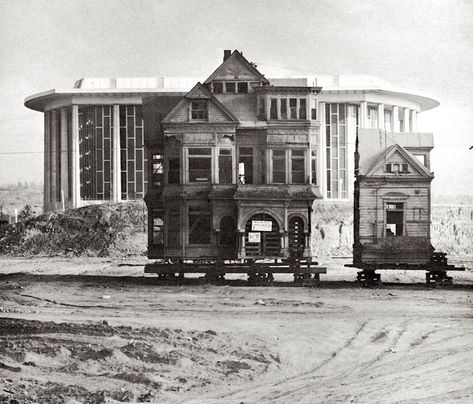 The last of the Bunker Hill Victorian homes being driven past the Music Center, downtown Los Angeles, circa early 1960s Garden Of Allah, California Hollywood, Old Los Angeles, Old California, The Bunker, Sunset Blvd, City Planner, Music Center, Old Mansions