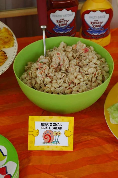 Leighton Squarepants turns 3! | CatchMyParty.com Dollar Tree Spongebob Party, Sponge Bob Food Ideas, Spongebob Themed Food Labels, Spongebob Birthday Party Backdrop, Spongebob Second Birthday Party, Spongebob Birthday Party Food Labels, Spongebob 25th Birthday Party Food, Spongebob Party Food Labels, Spongebob Themed Party Food