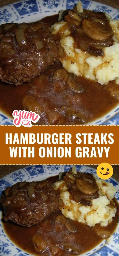 Sink your teeth into Hamburger Steaks with Onion Gravy. Juicy patties smothered in a savory onion gravy, it's comfort food at its best. Serve it up with mashed potatoes and enjoy a classic meal. #HamburgerSteaks #ComfortFood #GravyLove Hamburger Steaks With Onion Gravy, Hamburger Steak Recipes, Hamburger Steak And Gravy, Steak And Gravy, Hamburger Steaks, Sliced Onion, Easy Hamburger, Hamburger Steak, Onion Gravy