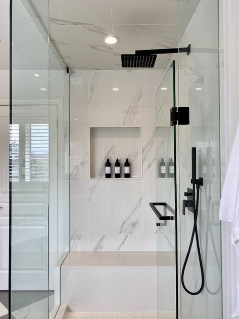 White And Matte Black Bathroom, Marble Bathroom Black Vanity, White Bathroom With Black Fixtures, Black White And Grey Bathroom Ideas, Prefab Vanity, Bathroom Chrome Fixtures, Bathroom With Black Fixtures, Black Fixtures Bathroom, Bathroom Black Fixtures