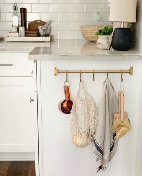 Look for Less Vintage Gold Kitchen Rack — Hartley Home Ikea Rail Kitchen, Hanging Hooks In Kitchen, Brass Kitchen Rail With Hooks, Ikea Kitchen Rail, Kitchen Hook Rail, Hang Kitchen Utensils, Kitchen Rail Ideas, Hanging Rod In Kitchen, Kitchen Brass Rail