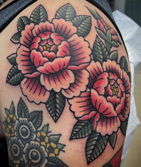 American Traditional Peonies, Colored Peony Tattoo, American Traditional Flash Art, Peony Traditional Tattoo, American Traditional Peony, American Traditional Tattoos Flower, Traditional Rabbit Tattoo, Trad Tattoo Design, Traditional Peony Tattoo