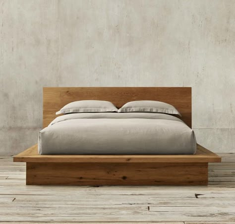 Reclaimed Russian Oak Platform Bed from Restoration Hardware Oak Platform Bed, Bed Without Footboard, Sofa Bed Furniture, Restoration Hardware Bedding, Platform Bed Designs, Black Bedroom Design, Diy Platform Bed, Minimalist Bed, Bed Frame Design