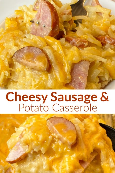 This home style meal of Cheesy Sausage and Potato Casserole is an easy recipe that can be made in the crock pot or oven. Savory and Smoky Sausage or Kielbasa is mixed into satisfying potatoes with plenty of cheddar cheese to make an amazing family meal! Cheesey Potatoes And Sausage Crock Pot, Smoked Sausage And Cheesy Potato Casserole, Kielbasa Cheese Potatoes Crockpot, Sausage Cheesy Potatoes, Cheese Potatoes And Smoked Sausage Casserole, Kielbasa Dinner Recipes Crockpot, Sausage Cheese Potato Crockpot, Cheese Sausage Potato Casserole, Crockpot Cheesy Hashbrowns And Kielbasa