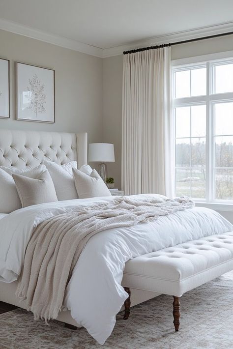 White Bedding Master, Lake House Bedroom Ideas, Zen Bedroom Design, White And Beige Bedroom, White Guest Bedroom, Zen Bedroom Ideas, Bedroom Inspirations Master, White Bedrooms, Grey Bed Frame