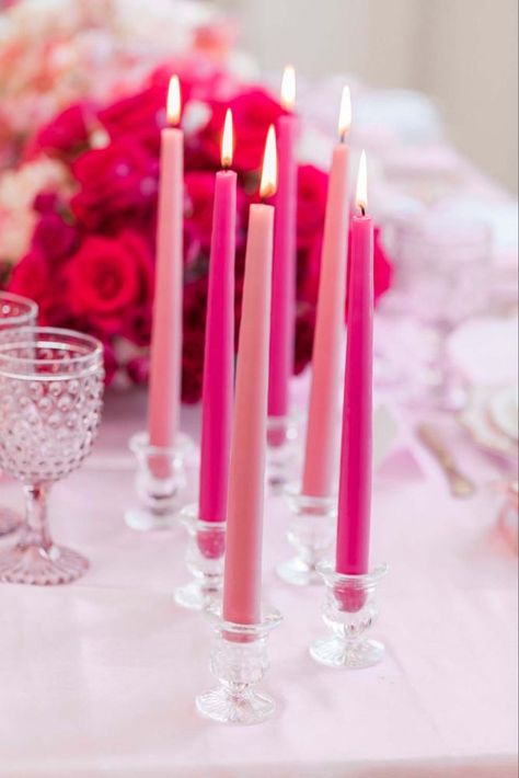 Hot Pink Taper Candles, Pink Taper Candles Wedding, Galentines Party Flowers, Pink Candles Wedding, Valentines Bridal Shower Ideas, Galentines Tablescape, Vintage Valentines Aesthetic, Pink Dinner Party, Valentine's Aesthetic