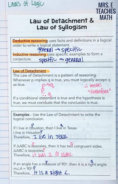 Law of Detachment and Law of Syllogism Foldable for geometry interactive notebooks Parallel Lines And Transversals, Geometry Interactive Notebook, Geometry Proofs, Geometry Notes, Law Of Detachment, Inductive Reasoning, Deductive Reasoning, Exterior Angles, Geometry Lessons