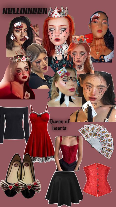 Queen of Hearts ♠️♥️♣️♦️ Queen Of Hearts Outfit Ideas Casual, Simple Queen Of Hearts Costume, Queen Of Hearts Corset, Halloween Queen Of Hearts, Alice Photoshoot, Queen Of Hearts Halloween Costume, Queen Of Hearts Halloween, Queen Of Hearts Makeup, Beyond Wonderland