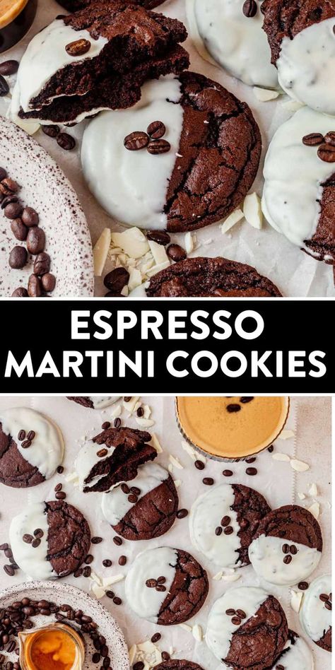 These espresso martini cookies bring the bold flavors of your favorite cocktail into a soft, decadent dessert. Infused with instant espresso powder, rich cocoa, and rum extract, these cookies are a coffee lover's dream. Cookies With Liquor In Them, Dark Chocolate Espresso Cookies, Coffee Shop Cookies Decorated, Cookie Shots Recipe, Espresso Martini Brownies, Cookie Butter Espresso Martini, Espresso Martini Mini Gift, Alcoholic Baked Goods, Cocktail Inspired Desserts