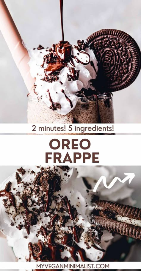 This easy Oreo frappe is a homemade version of your favourite McDonald's or Starbucks beverage. This is a much cheaper version of store bought frappuccinos you can buy at the likes of Tim Hortons, Dairy Queen, etc, plus, it's considerably lower in calories. Refreshing iced coffee mixed with milk, crushed Oreos and some vanilla. Made without ice cream, looks gorgeous, using only 5 basic ingredients. Enjoy this Cookies & Cream frappe on its own as a dessert and make sure to serve immediately! Oreo Frappe Starbucks, Oreo Frappe Recipe, Oreo Frappe, Frappe Starbucks, Oreo Frappuccino, Vegan Minimalist, Coffee Frappuccino, Frappe Recipe, Crushed Oreos