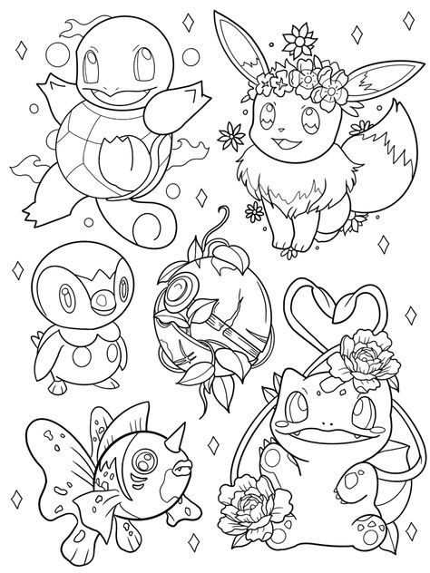 Coloring Pages Tattoo Art, Pokemon To Print, Itsfunneh Coloring Pages, Pokemon Coloring Pages For Adults, Cute Pokemon Tattoo Design, Pokemon Line Drawing, Girly Pokemon Tattoo, Pokemon For Coloring, Pokemon Flash Sheet