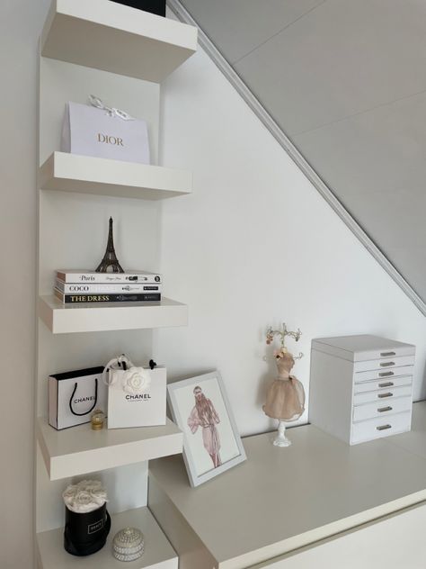 Ikea Floating Shelves Bedroom, White Shelfs On Wall Bedroom, Room Decor Bedroom Shelves, Decorated Shelves In Bedroom, Vinalla Girl Aesthetic Room, White Shelf Aesthetic, White Bedroom Shelves, Ikea Shelf Aesthetic, Aesthetic Bedroom Shelves