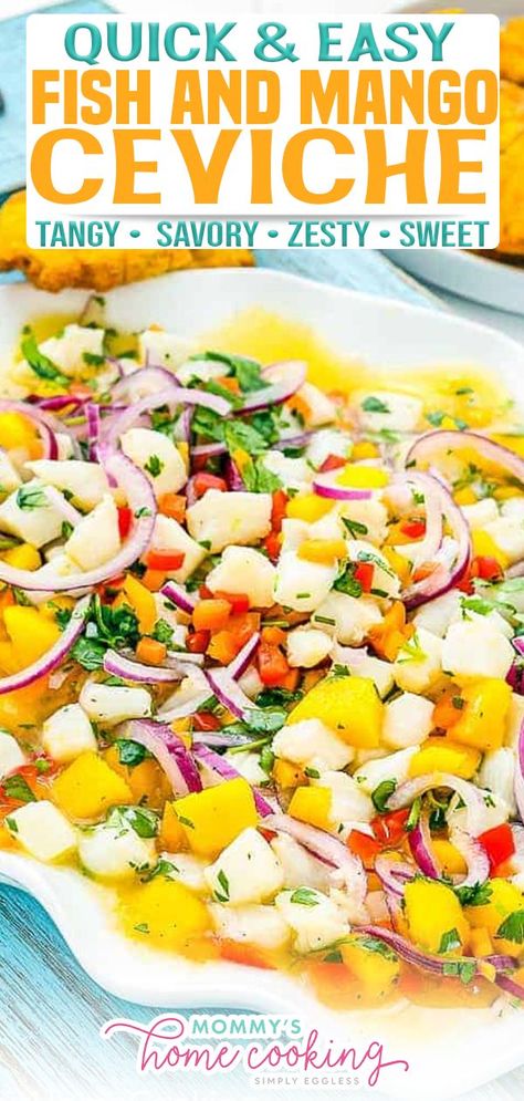 Easy Fish and Mango Ceviche is the most addictive yet healthy dish that was ever born! It’s tangy, savory, zesty, and sweet, perfect for summer gatherings. Ready in a flash. I have the perfect summer recipe today…Fish and Mango Ceviche!!! This Fish and Mango Ceviche recipe is light and bright so it won’t weigh you down in the hot summer days. Bonus: it requires no cooking (in heat at least), so you don’t have to worry about turning on your stove or oven. | @mommyhomecookin #bestcincodemayorecipe Civeche Recipe, Seviche Recipes, Mango Ceviche Recipe, Ceviche Recipe Fish, Tilapia Ceviche, Ceviche Fish, Mango Ceviche, Mango Fish, Tostada Recipes