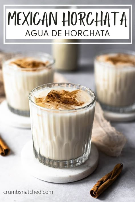 three glasses of Mexican horchata garnished with cinnamon Best Horchata Recipe, Aqua Frescas, Easy Coquito Recipe, Horchata Recipe Mexican, Horchata Drink, Mexican Drink Recipes, Mexican Horchata, Homemade Horchata, Rice Water Recipe