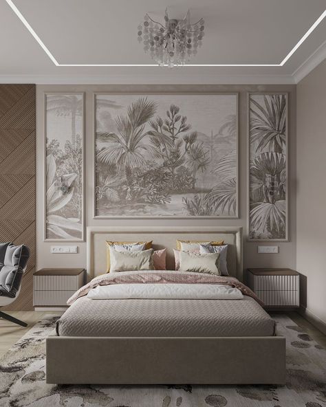 Moulding With Wallpaper Bedroom, Wallpaper Panel Behind Bed, Bed Back Moulding Design, Bedroom Inspo Wallpaper, Wall Molding Behind Bed, Bed Back Wallpaper, Wallpaper Panels Bedroom, Bedroom Wall Molding Ideas, Bed Dressing Ideas