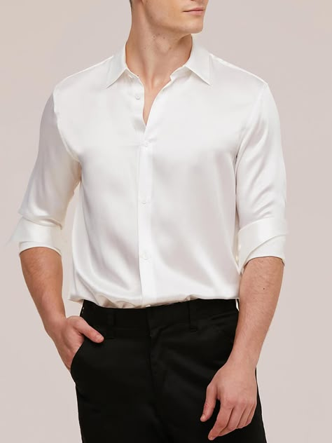 Men’s Silk Shirt Outfit, Men’s Silk Shirt, Silk Shirts For Men, White Silk Shirt Men, Mens Silk Shirt Outfit, Basic White Shirt Outfit, Crystal Ethereal, Silk Shirt For Men, Satin Shirt Men