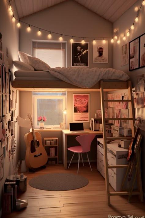 Cosy bedroom with a touch of refinement. Cabin Bed Bedroom Ideas, Loft Beds Ideas, Two Loft Beds In One Room, Tomboy Bedroom Ideas, Teen Loft Bedroom Ideas, Hanging Loft Bed, Small Bedroom Designs For Teens, Teen Loft Bedrooms, Cozy Loft Bed