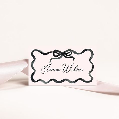 Wedding Guests Name Cards, Scalloped Edge Invitation, Black And White Wedding Name Cards, Bow Name Place Cards, Elegant Place Cards, Bow Place Cards, Vmfa Wedding, Ribbon Place Cards, Placecard Ideas