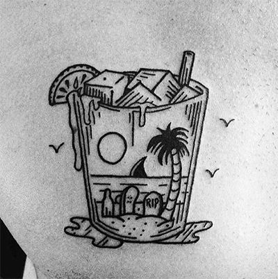 Drink Tattoo, Tropical Tattoo, Tiki Tattoo, Hawaii Tattoos, Bottle Tattoo, Party Tattoos, Beach Tattoo, Traditional Tattoo Art, Tropical Drink