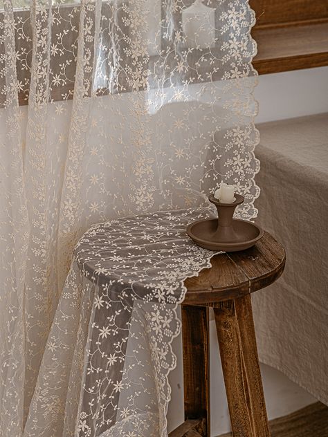 Editor's
NoteNatural
Cotton Velcro Curtain is a sheer curtain that can be easily installed with a compression rod, giving it a romantic and lovely look. The sunlight streaming through the tiny beige embroidered florets on these curtains creates a cozy atmosphere. - Curved scallop detail on the side- Soft
and warm beige  - Comes with a lace curtain tie- Easy
installation with compression rod Measurements
(in.)- 55 in. x 90.5 in. (±1.2 Floor Curtains Bedroom, Lace Privacy Curtain, Farmhouse Lace Curtains, Sheer Window Treatments Ideas, Sheer Curtain Tie Back Ideas, Long Lace Curtains, Vintage Style Curtains, Curtains On Closet Doors, Antique Lace Curtains