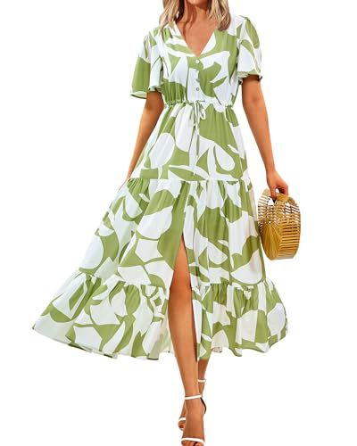 Zenlonr Women Summer Dresses 2024 Casual Short Sleeve V Neck Split Maxi Dress Button Drawstring Beach Long Dress Amazon Clothing Finds Summer, Boho Maxi Dress Wedding, Dresses For Vacation, Green Maternity Dresses, Amazon Clothing Finds, Wedding Guest Dresses For Women, Green Sundress, Beach Long Dress, Long Flowy Dress