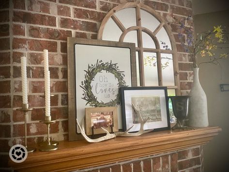 Stacked Pictures On Mantle, Layered Mirror And Art Mantle, Layered Mantle Decor Mirror, Layered Pictures On Mantle, Layering Pictures On Mantle, Layered Mantle Decor, Layering Mirrors, Layer Pictures, Mantle Decorations