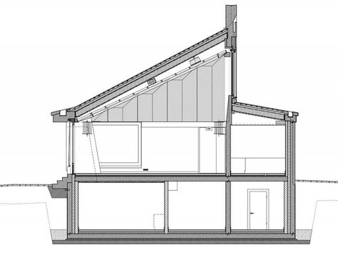 asymmetrical pitched roof tops parish hall by joos & mathys + daniel nyffeler in switzerland Community Park Design, Dutch Gable Roof, Communal Housing, Triangle Building, Architectural Sections, Monopitch Roof, Alpine Architecture, Principle Of Design, Roof Eaves