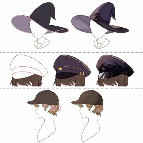 Hat Shading Drawing, Hat Shading Reference, Hat Tutorial Drawing, Witch Hat Drawing Reference, Hat Reference Drawing, Hat Drawing Reference, Hat Drawing, Anime Hats, Shading Drawing