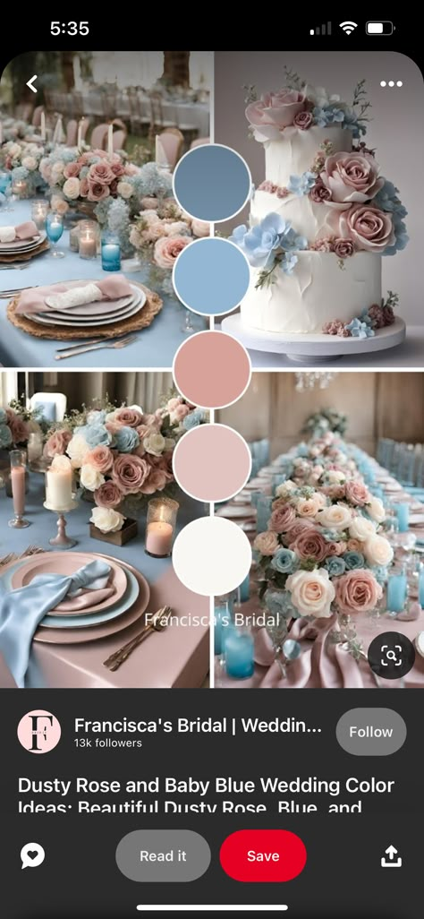 Mauve And Light Blue Wedding, Rose Gold And Light Blue Wedding, Wedding Color Palette Pink And Blue, Blue And Rose Gold Wedding Theme, Dusty Blue And Rose Gold Wedding, Blue Wedding Theme Color Schemes, Dusty Blue And Pink Wedding Theme, Blue And Mauve Wedding, Dusty Pink Wedding Theme