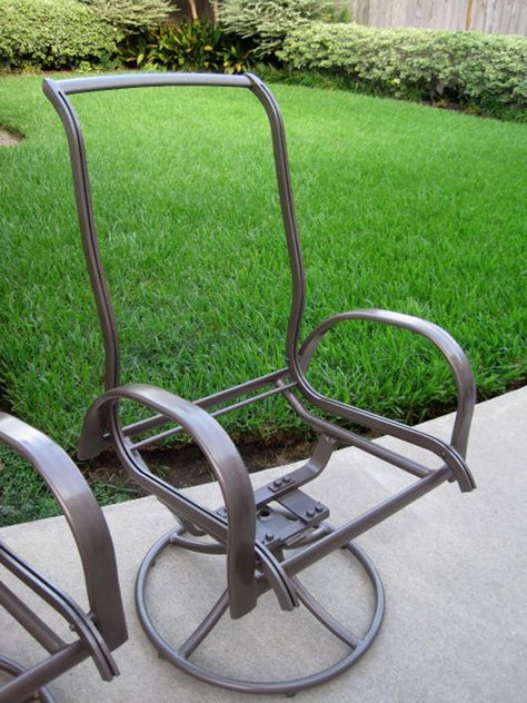 Patio Chairs Makeover, Outdoor Sling Chair, Reupholster Chair Dining, Patio Furniture Makeover, Landscaping Ideas On A Budget, Chair Repair, Lawn Furniture, Inexpensive Furniture, Patio Furniture Cushions