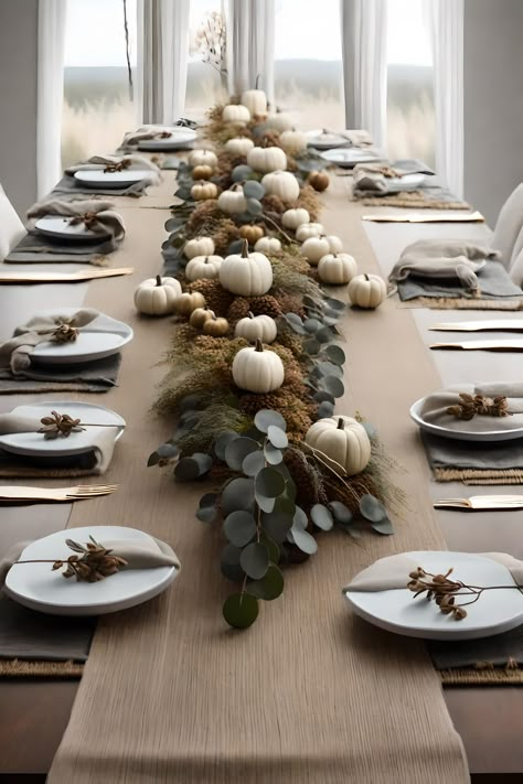 Thanks Giving Table Setup, Neutral Holiday Tablescape, Black And White Fall Table Decor, Neutral Dinner Table Decor, Dark Wood Table Setting, Fall Runners For Table, Table Decorations Thanksgiving Fall, Neutral Thanksgiving Tablescape, Black And White Thanksgiving Decor