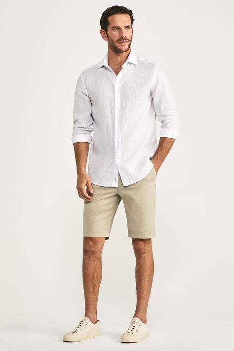 Khaki Shorts White Shirt Men, Formal Hot Weather Outfit Men, Linen Shirt And Chinos Men, Men’s White Linen Shirt Outfit, Mens Outfits Linen Shirt, Men Chino Shorts Outfit, Mens Polo And Shorts Outfit, White Shirt And Shorts Outfit Men, Linen Shirt And Shorts Outfit Men