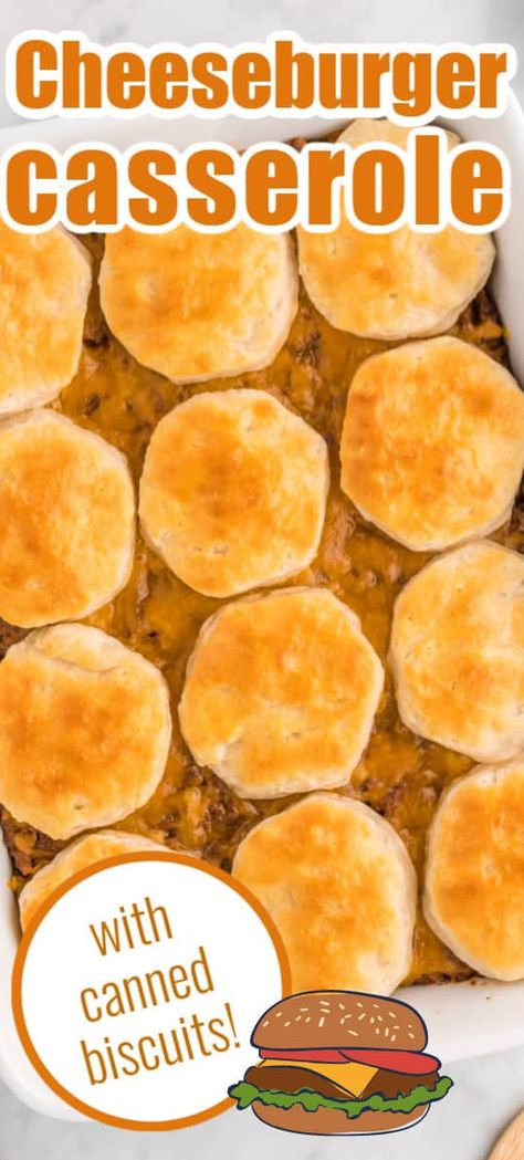 Cheeseburger Casserole: This is the perfect busy weeknight meal. Ground beef, spices, and cheese are topped with biscuits to create a hearty casserole that the whole family will love! #cheeseburger #casserole #dinner #recipe #easy #comforting Easy Cheeseburger Casserole, Casserole With Biscuits, Grand Biscuit Recipes, Biscuit Recipes Dinner, Beef Spices, Beef Recipes Easy Dinners, Cheeseburger Casserole Recipe, Ground Beef Meals, Bacon Cheeseburger Casserole