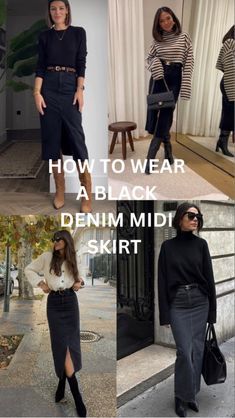 Styling Long Black Denim Skirt, Midi Black Denim Skirt, Style Black Denim Skirt, Black Denim Midi Skirt Outfit Winter, Styling Black Denim Skirt, Midi Demin Skirt Outfits, Black Denim Skirt Outfit Fall, Denim Skirt Outfit 2024, Denim Midi Skirt Outfit Autumn