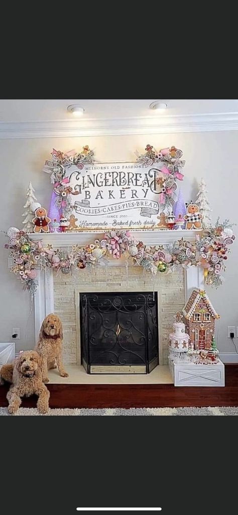 Gingerbread Christmas Mantle, Candyland Christmas Fireplace, Christmas Decor Whimsical, Ginger Christmas Decoration, Sweets Christmas Decorations, Ginger Bread Theme Christmas Tree, Candyland Christmas Aesthetic, Pastel Gingerbread House Decor, Gingerbread And Candy Christmas Tree