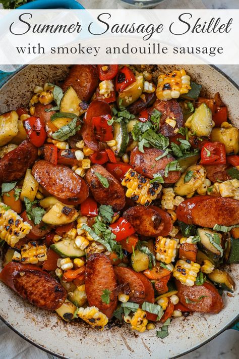 Andioulle Sausage Recipes, Grill Sausage Recipes, Clean Eating Sausage Recipes, Grilled Sausage And Veggies, Andilloue Sausage, Recipes Using Rope Sausage, Hillshire Sausage Recipes For Dinner, Andouille Sausage Skillet, Summer Sausage Skillet