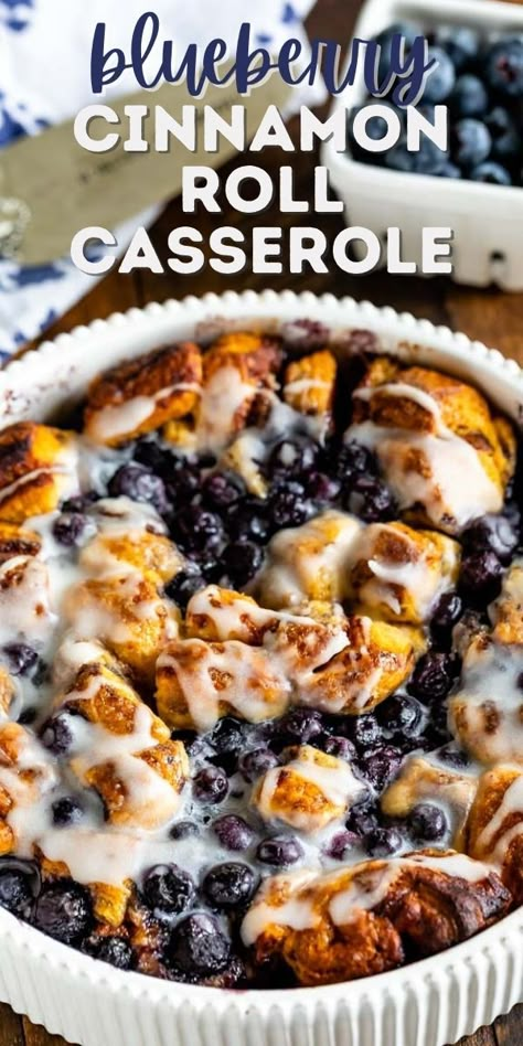 Make this easy Blueberry Cinnamon Roll Casserole with Pillsbury! The perfect simple semi-homemade breakfast casserole is a great breakfast or brunch or holiday recipe. Easy Sweet Breakfast Casserole, Blueberry Cinnamon Roll Casserole, Quick Breakfast Casserole, Sweet Breakfast Casserole, Cinnamon Roll Casserole, Cinnamon Roll Bake, Crazy For Crust, Pillsbury Recipes, Brunch Recipe