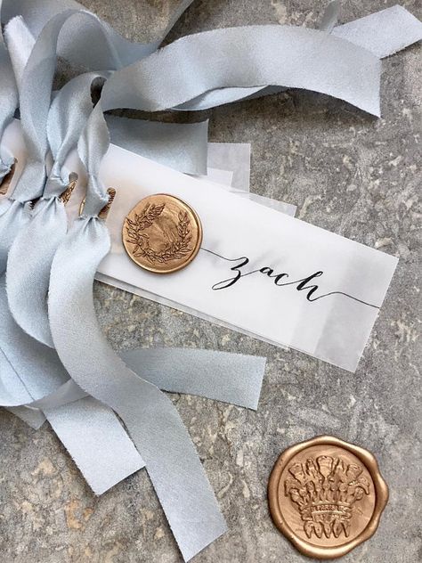 Vellum Place Cards Wedding place cards Vellum Name Tags Wax Seal Place Cards, Name Tag Wedding, Wedding Name Tags, Wax Stamps, Vellum Cards, Wedding Table Seating, Place Cards Wedding, Hand Dyed Silk Ribbon, Name Place Cards