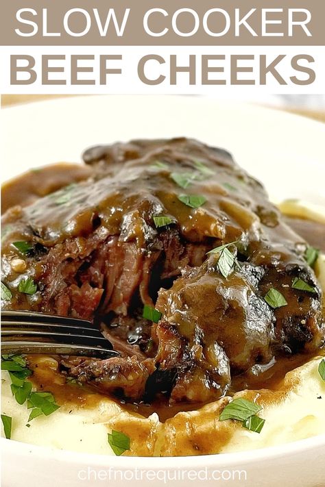 This recipe for slow cooker beef cheeks will give you tender, succulent beef cheeks braised in red wine sauce. Make them in your crock pot for an easy weeknight dinner or fancy enough to impress your fine dining guests too. Also known as ox cheeks, these beef cheeks are melt in your mouth soft and tender. Veal Cheeks Recipe, Beef Hor Fun, Pork Cheeks Recipe Slow Cooker, Instant Pot Beef Cheeks, Slow Cooker Beef Cheeks, Cow Cheek Recipe, Beef Cheek Recipes, Braised Beef Cheeks, Pork Cheeks Recipe