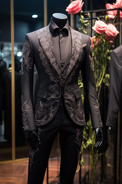 Rose flower inspired suit Flower Suits Men, Floral Tuxedo Men, Fantasy Wedding Suits Male, Prom Suit Designs For Men, Groom Suit Unique, Prom Suit Designs, Unique Prom Suits, Persephone Wedding, Floral Suit Men