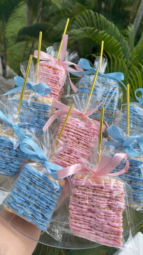 Blue Pink Gender Reveal Party Ideas, Treat Table Gender Reveal, Pink And Blue Rice Krispy Treats Gender Reveal, Pink Vs Blue Gender Reveal, Cute Gender Reveal Snack Ideas, Dessert Table For Gender Reveal, Candy Bar Ideas Gender Reveal, Deserts For Gender Reveal Party, Pink And Blue Treats Gender Reveal