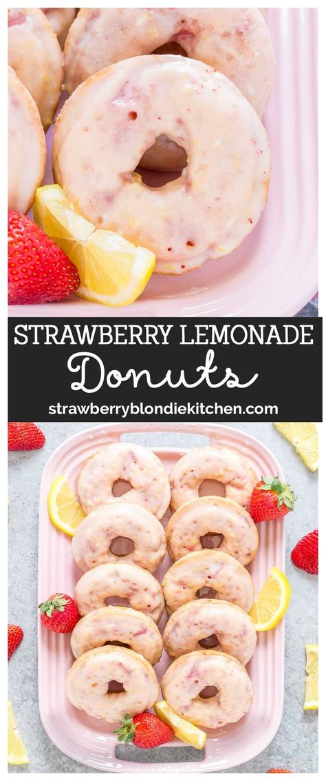 Break out that donut pan and whip up these delicious and easy Strawberry Lemonade Donuts. Fresh strawberries are added to the batter and glazed with the flavor of sweet lemonade.  They're the perfect breakfast time treat! #sponsored #brunch #brunchrecipes #breakfastrecipes  @brunchweek @dixiecrystals @lorannoils #donut  #donutrecipe #strawberry #strawberrydonuts #strawberrylemondonuts #strawberrtlemondonuts #donutlover #breakfast #strawberryrecipe Donut Pan Recipes, Best Donut Recipe, Easy Strawberry Lemonade, Pumpkin Donuts Recipe, Donut Pan, Baked Donut, Doughnut Recipes, Homemade Doughnuts, Homemade Donuts Recipe