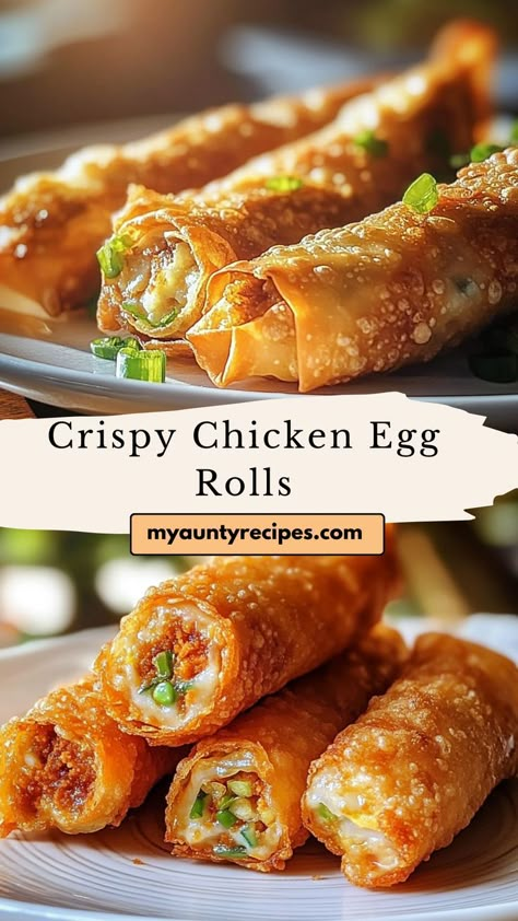 Savor the flavor of these Crispy Chicken Egg Rolls! With a golden, crunchy exterior and juicy chicken filling, they’re perfect for any occasion. Dip in your favorite sauce for a truly delicious appetizer or snack. Fried Rice Egg Rolls, Egg Rolls Recipe Chicken, Chicken Egg Rolls Chinese, Chicken Egg Roll Filling Recipes, Egg Roll Filling Ideas, Chinese Egg Roll Recipes, Eggroll Wrapper Recipes, Chicken Egg Rolls Recipe, Recipes Using Egg Roll Wrappers